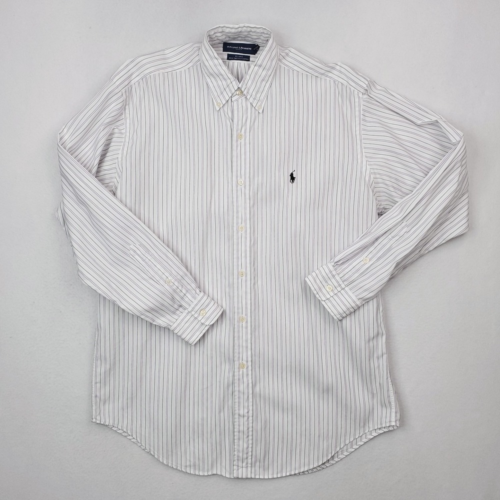 Ralph Lauren Golf Shirt Mens Medium White Purple Black Striped Blake Button Up